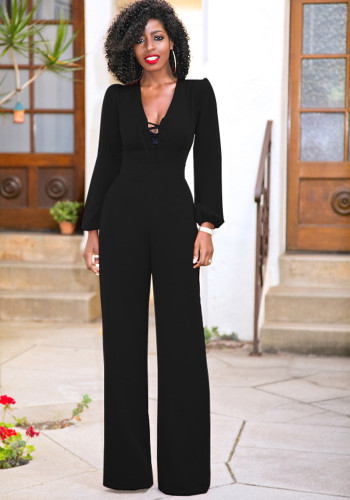 Women Sexy Long Sleeve V Neck Solid Jumpsuit