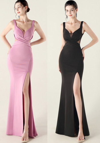 Women clothing cross pleated hollow mesh V Neck Formal Party evening dress