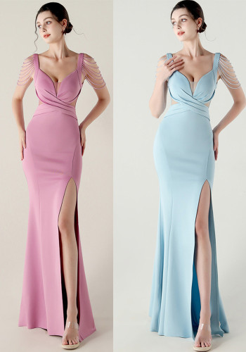 Women clothing beaded pleated V Neck Formal Party evening dress