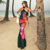 Women Floral Print Halter Neck Lace Sleeveless Bcakless Maxi Dress