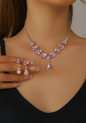 Fashion Chic Luxury Rhinestone Purple Teardrop Earrings Necklace Set