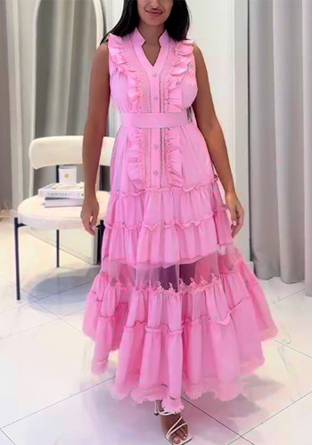 Women's Sleeveless Ruffle Chic Slim Waist Fashion Long Dress