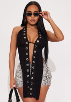 Women's Spring Summer Halter Neck Deep V Tie Low Back Long Top