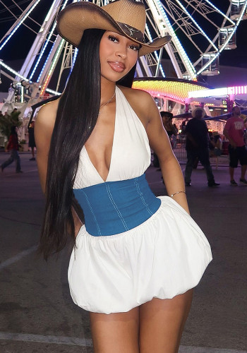 Women Summer Sexy Backless Lace-Up Contrast Patchwork Halter Neck Dress