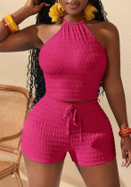 Women Sexy Knitting Hollow Halter Neck Lace-Up Top and Shorts Two-piece Set