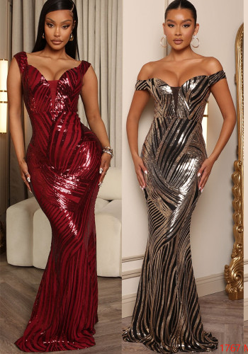 Women off shoulder mesh sequined sexy backless evening dress