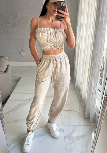 Women casual sexy strapless top and pants two-piece set
