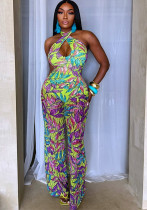 Women's Print Slim Waist Cross Halter Neck Hollow Low Back Sexy Jumpsuit