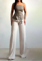 Women's Fashionable Strapless Zipper Top Pants Two-Piece Set