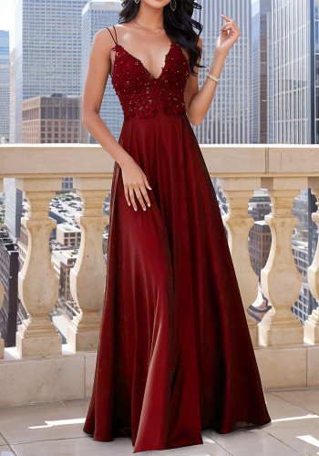 Fashion Elegant Strap Deep V-Neck Beaded Sexy Party Evening Dress
