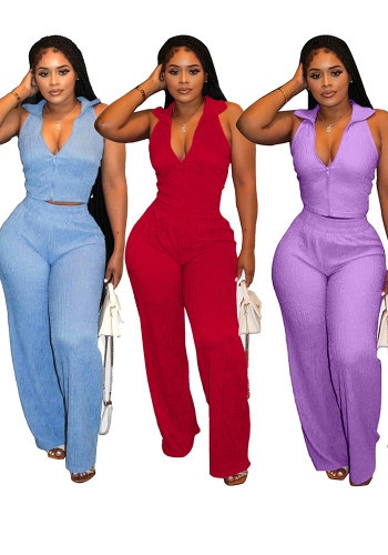 Women Summer Sleeveless Top Pleated Casual Pants Two-piece Set