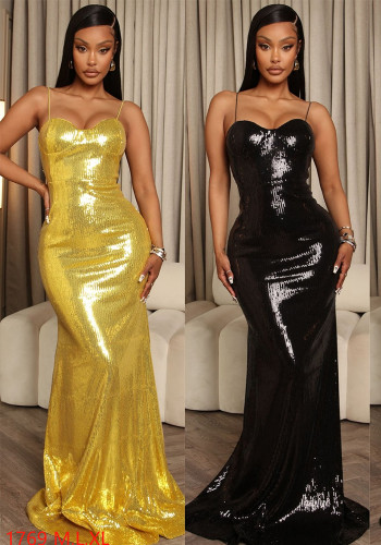 Women sling mesh sequined sexy backless evening dress