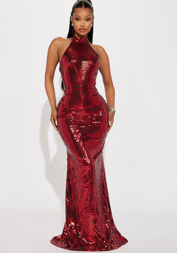 Women stand collar block sequined sexy backless evening dress