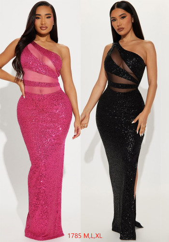Women see-through mesh sequined sexy backless slash shoulder evening dress