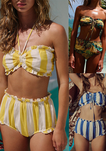 Sexy Striped Print High Waist Two-Piece Bikini