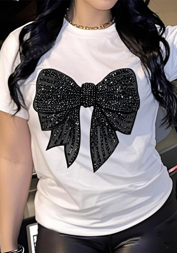 Women Round Neck Short Sleeve Sequin Bow Trend Summer T-shirt