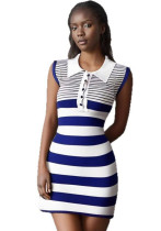 Women's Chic Fashion Striped Turndown Collar Sleeveless Slim Knit Dress