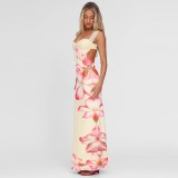 Women's Summer Flower Print Lace Patchwork Strap Low-Back Dress