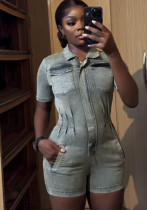 Women's Sexy Slim Turndown Collar Zipper Slim Waist Short Sleeve Denim Jumpsuit