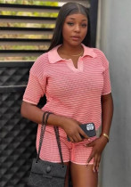 Summer Women's Loose Knit Turndown Collar Top & High-Waist Shorts