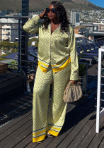 African Women's Turndown Collar Color-Blocked Print Long-Sleeved Shirt Casual Pants Two-Piece Set