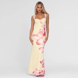 Women's Summer Flower Print Lace Patchwork Strap Low-Back Dress