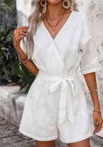 Women's Hollow Embroidery Belt Waist Solid Color Casual Jumpsuit