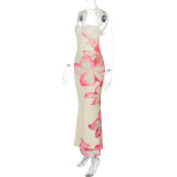 Women's Summer Flower Print Lace Patchwork Strap Low-Back Dress