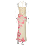 Women's Summer Flower Print Lace Patchwork Strap Low-Back Dress