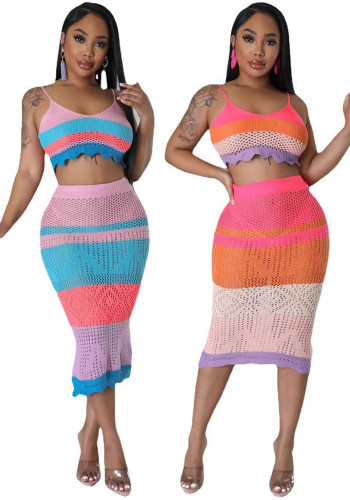 Women's Multi-Color Knit Beach Two-Piece Skirt Set