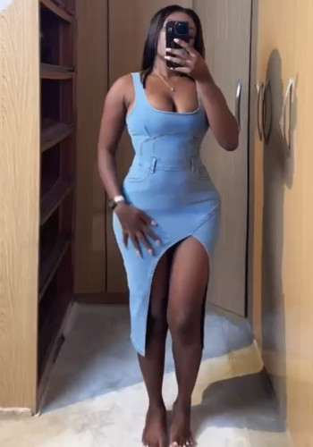 Strap Sexy Low-Back Slim Waist Irregular Denim Dress for Women