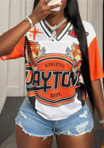 Fashion Street Print Loose Casual Sporty Short-Sleeved V-Neck Contrast Top T-Shirt