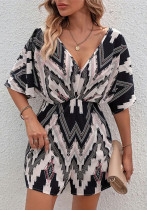 Women's Printed V-Neck Lace-Up Bow Jumpsuit