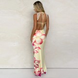 Women's Summer Flower Print Lace Patchwork Strap Low-Back Dress