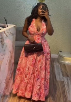 Sexy Slim Low-Back Holiday Style Print Halter Neck Maxi Dress