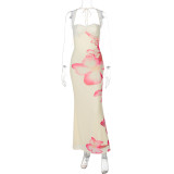 Women's Summer Flower Print Lace Patchwork Strap Low-Back Dress