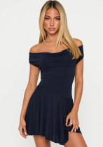 Women's Chic Solid Color Pleated Off-Shoulder Sexy Low-Back Lace-Up Waist Mini Dress