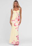 Women's Summer Flower Print Lace Patchwork Strap Low-Back Dress
