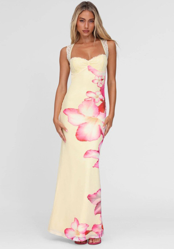 Women's Summer Flower Print Lace Patchwork Strap Low-Back Dress