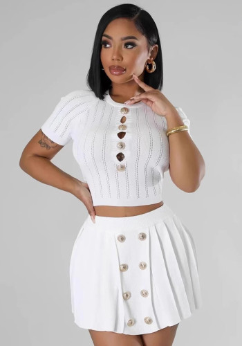 Women's Summer Short Slim Fit Round Neck Knit Top pleated Skirt Set