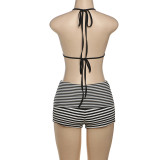 Women summer trendy striped sleeveless bikini shorts Two Pieces