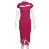 Women Slash Shoulder tassel hollow knitting solid irregular short-sleeved dress