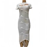 Women Slash Shoulder tassel hollow knitting solid irregular short-sleeved dress