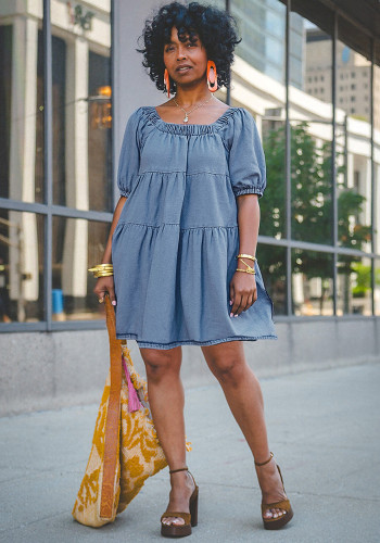 Women puff sleeve retro casual short-sleeved denim dress