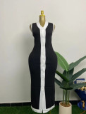 Women contrast Ribbed Single-breasted v-neck sleeveless knitting dress