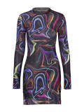Women See-Through Printed Long Sleeve Dress