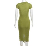 Women Slash Shoulder tassel hollow knitting solid irregular short-sleeved dress