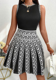 Women elegant knitting contrast print Round Neck sleeveless dress