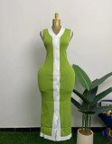 Women contrast Ribbed Single-breasted v-neck sleeveless knitting dress
