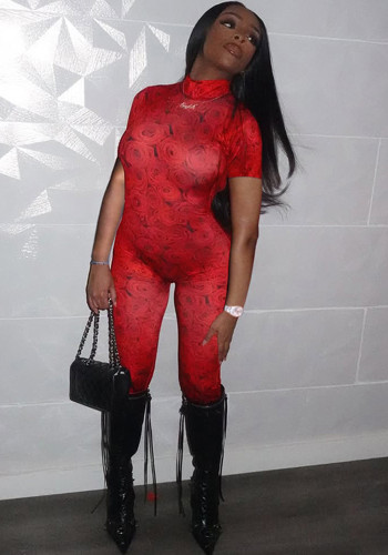 Women summer Women sexy Backless print See-Through Mesh Jumpsuit